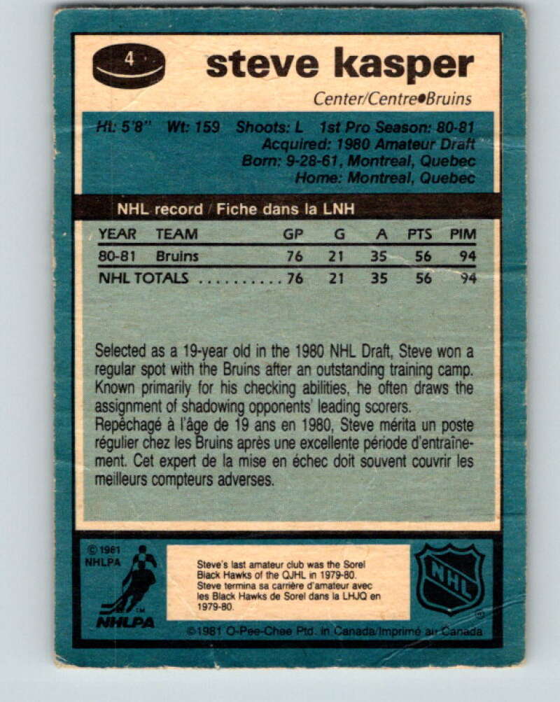 1981-82 O-Pee-Chee #4 Steve Kasper  RC Rookie Boston Bruins  V29395