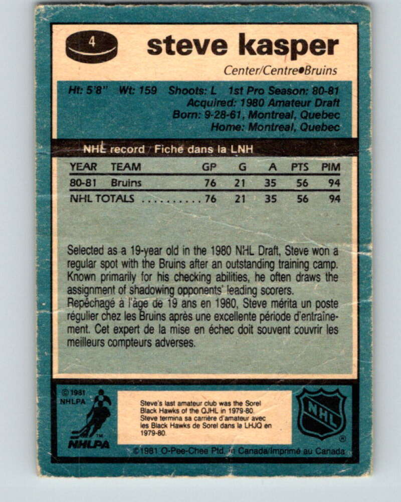 1981-82 O-Pee-Chee #4 Steve Kasper  RC Rookie Boston Bruins  V29396
