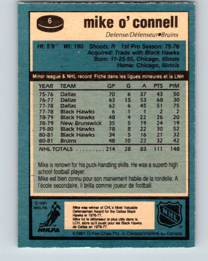 1981-82 O-Pee-Chee #6 Mike O'Connell  Boston Bruins  V29404
