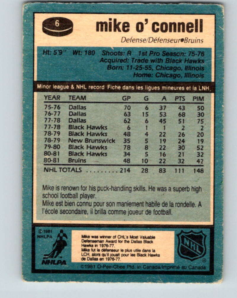 1981-82 O-Pee-Chee #6 Mike O'Connell  Boston Bruins  V29406