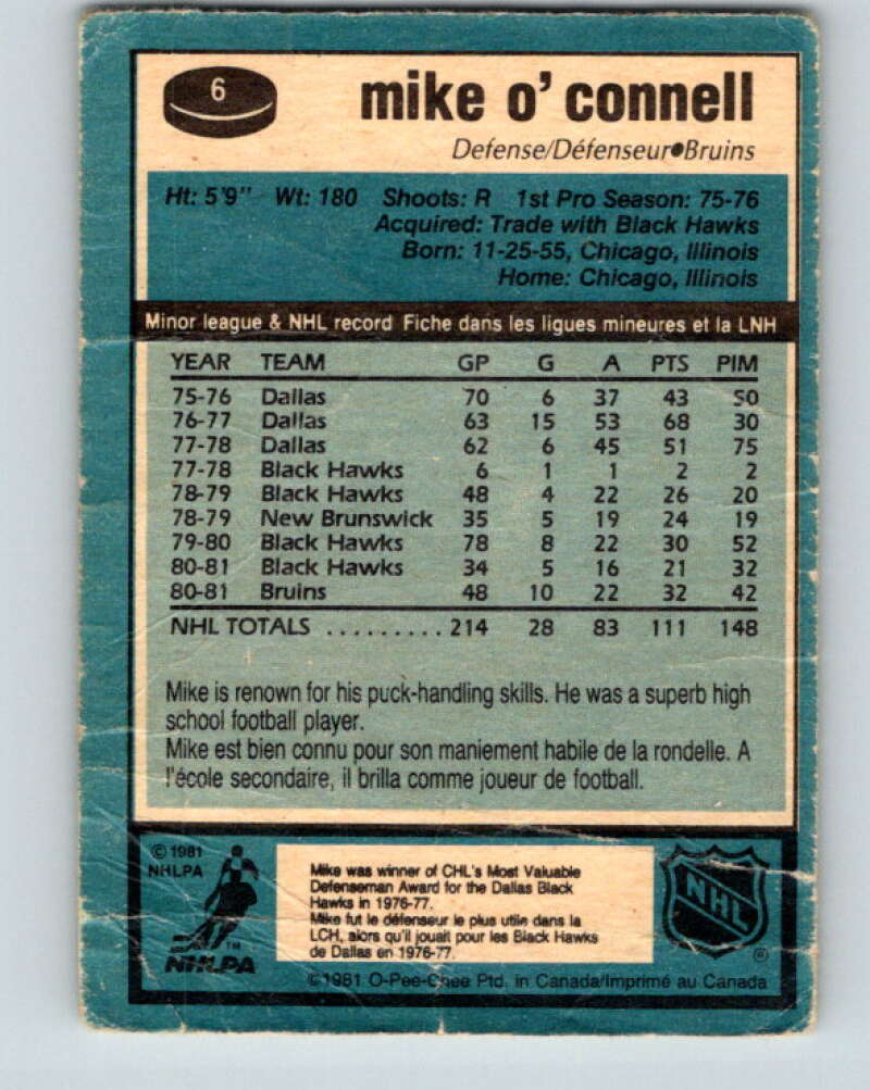 1981-82 O-Pee-Chee #6 Mike O'Connell  Boston Bruins  V29410