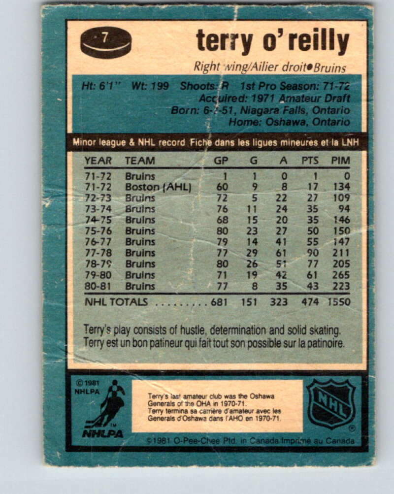 1981-82 O-Pee-Chee #7 Terry O'Reilly  Boston Bruins  V29415