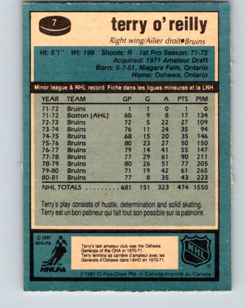 1981-82 O-Pee-Chee #7 Terry O'Reilly  Boston Bruins  V29416