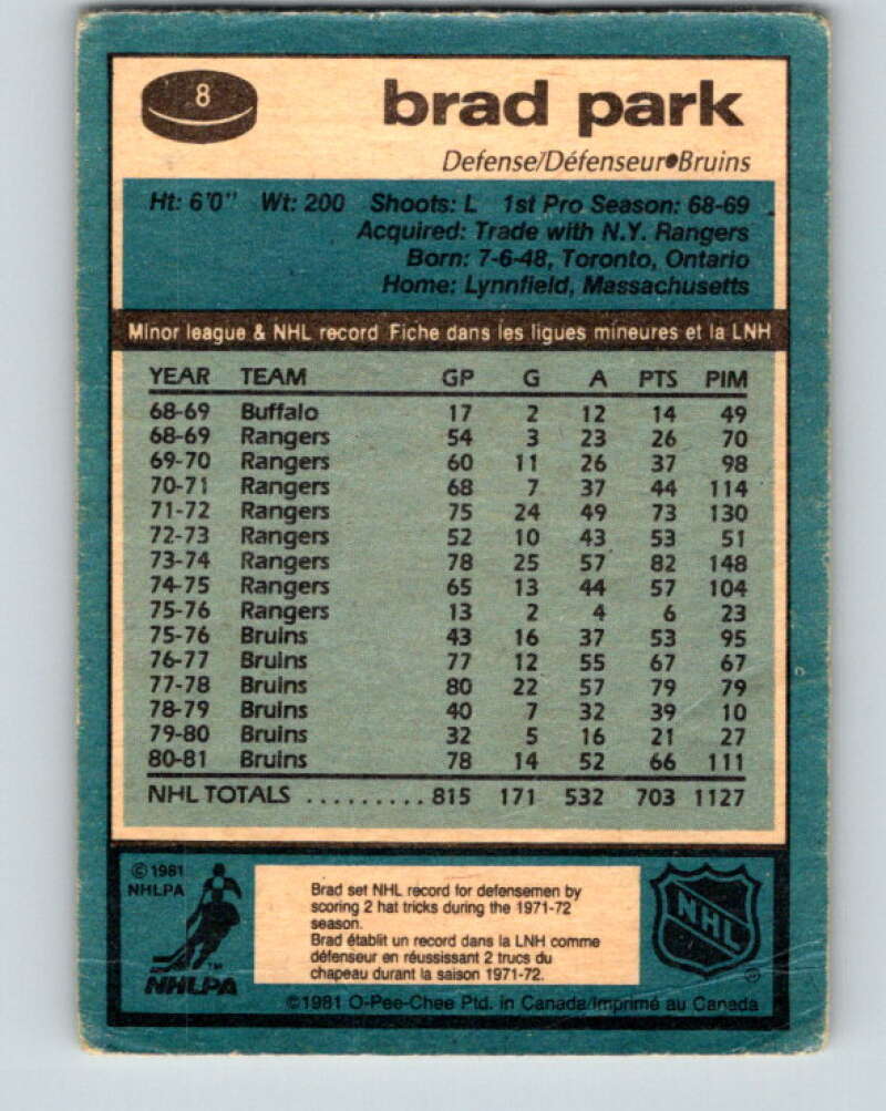 1981-82 O-Pee-Chee #8 Brad Park  Boston Bruins  V29422