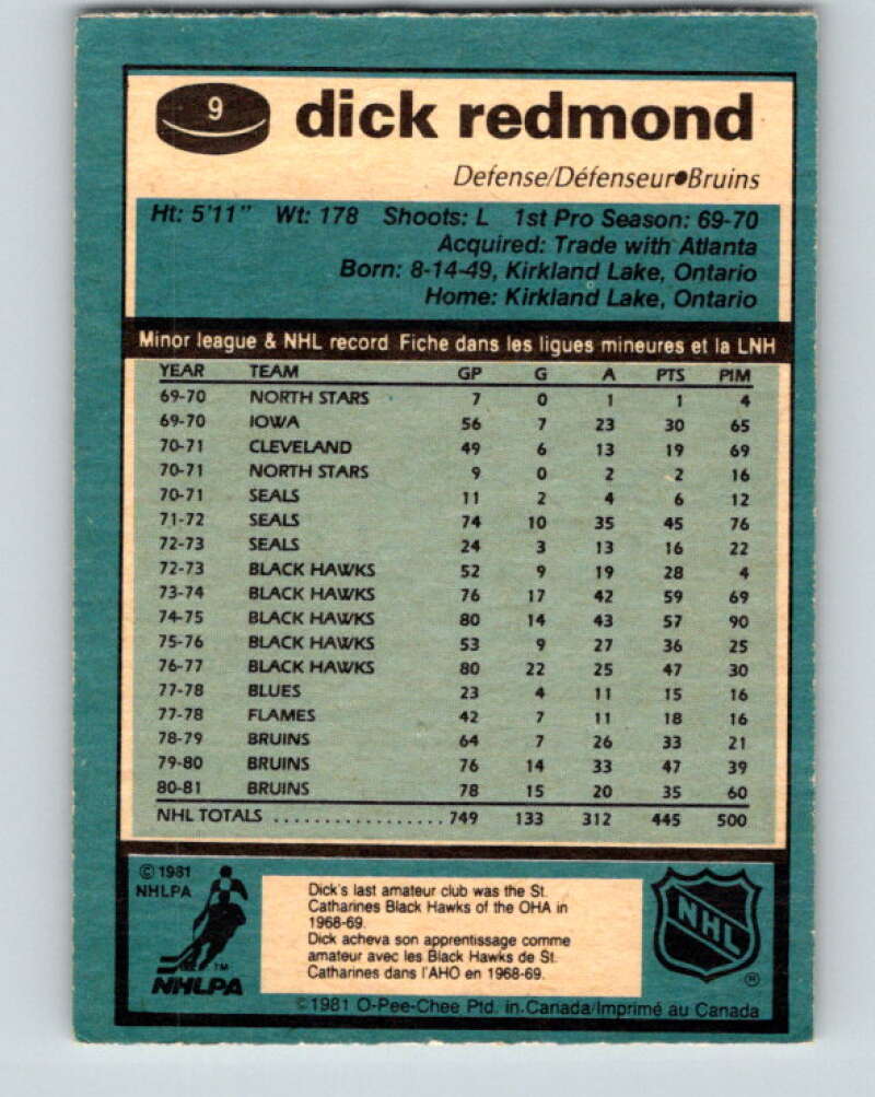 1981-82 O-Pee-Chee #9 Dick Redmond  Boston Bruins  V29425