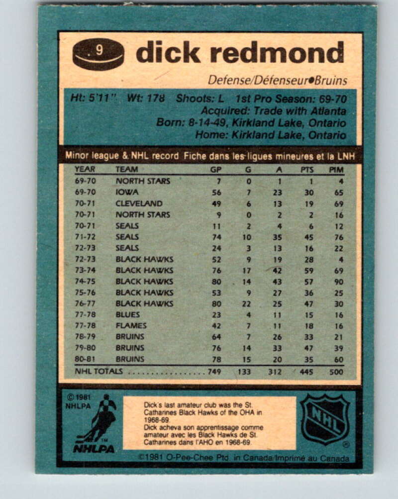 1981-82 O-Pee-Chee #9 Dick Redmond  Boston Bruins  V29430