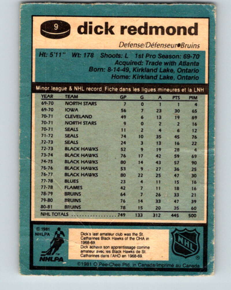 1981-82 O-Pee-Chee #9 Dick Redmond  Boston Bruins  V29434