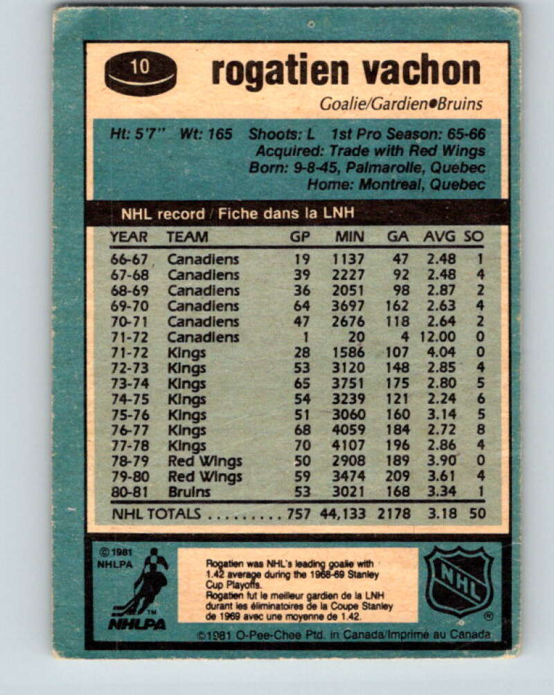 1981-82 O-Pee-Chee #10 Rogie Vachon  Boston Bruins  V29437