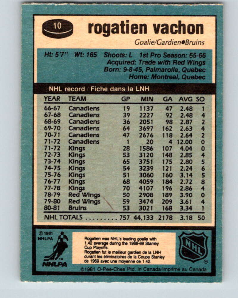 1981-82 O-Pee-Chee #10 Rogie Vachon  Boston Bruins  V29443