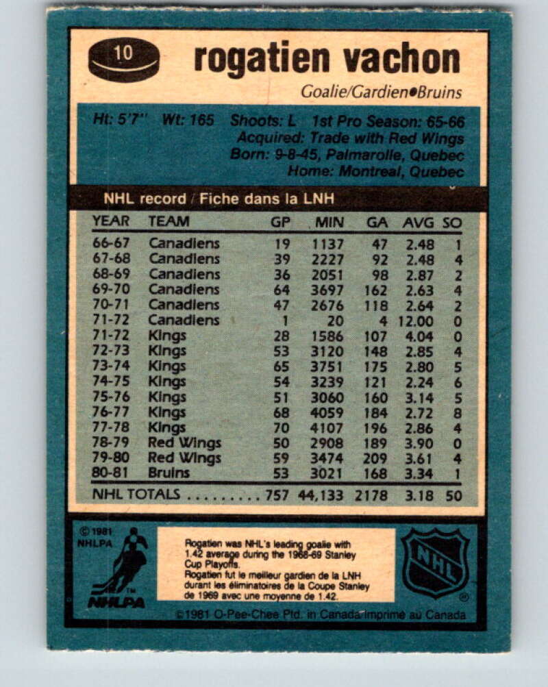 1981-82 O-Pee-Chee #10 Rogie Vachon  Boston Bruins  V29444