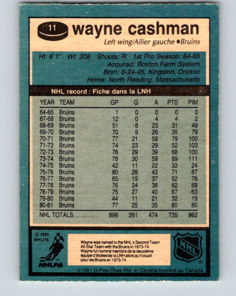 1981-82 O-Pee-Chee #11 Wayne Cashman  Boston Bruins  V29451