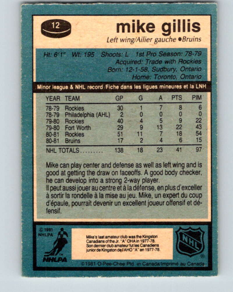 1981-82 O-Pee-Chee #12 Mike Gillis  RC Rookie Boston Bruins  V29454