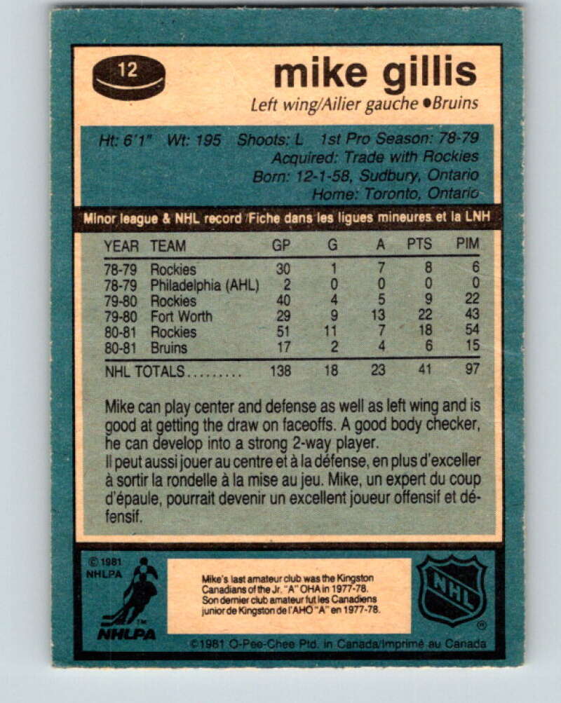 1981-82 O-Pee-Chee #12 Mike Gillis  RC Rookie Boston Bruins  V29457