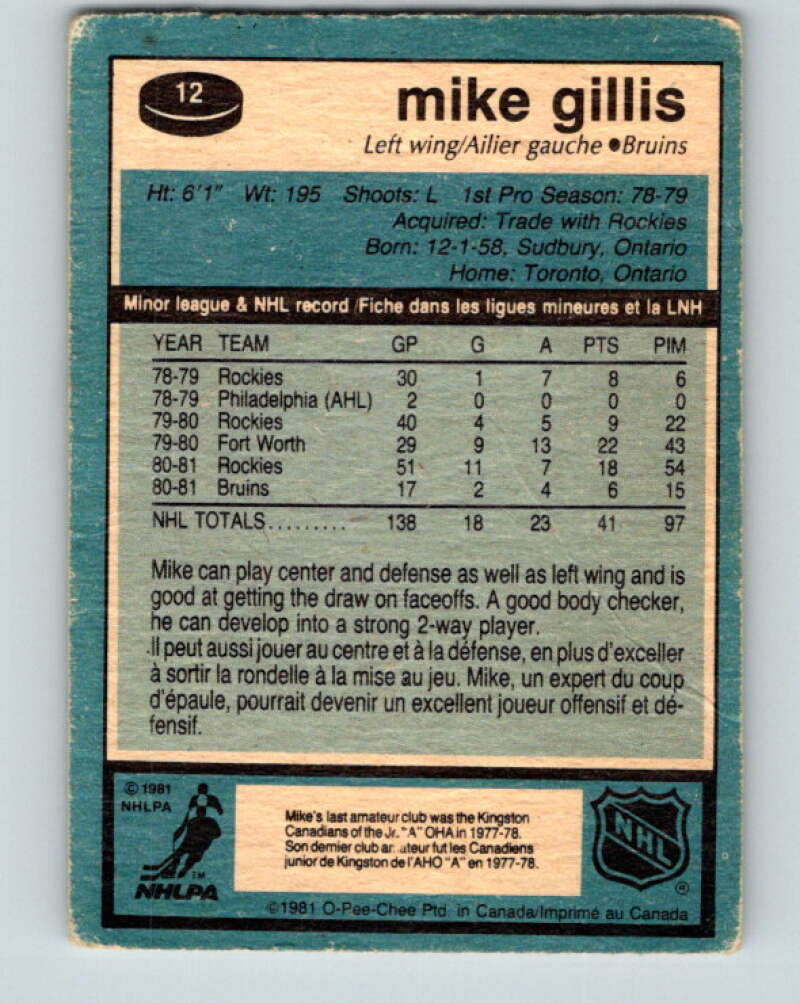 1981-82 O-Pee-Chee #12 Mike Gillis  RC Rookie Boston Bruins  V29459