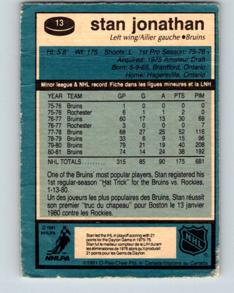 1981-82 O-Pee-Chee #13 Stan Jonathan  Boston Bruins  V29461