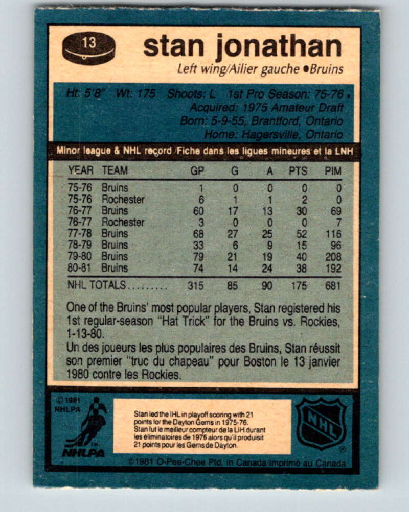 1981-82 O-Pee-Chee #13 Stan Jonathan  Boston Bruins  V29467