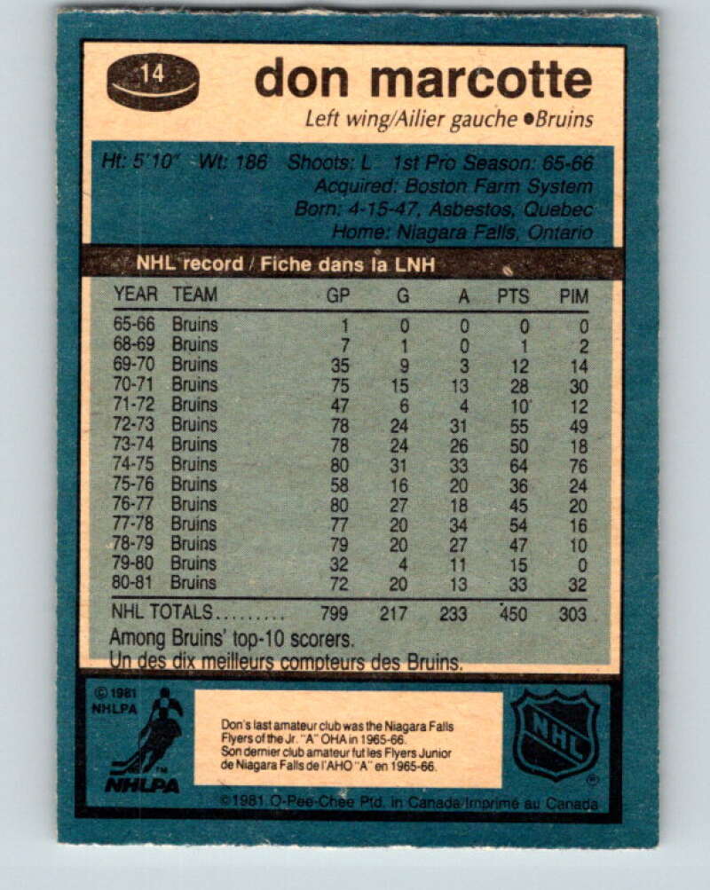 1981-82 O-Pee-Chee #14 Don Marcotte  Boston Bruins  V29469