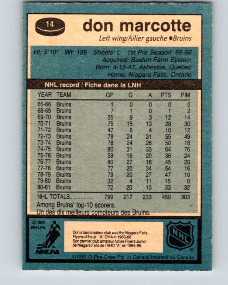 1981-82 O-Pee-Chee #14 Don Marcotte  Boston Bruins  V29473