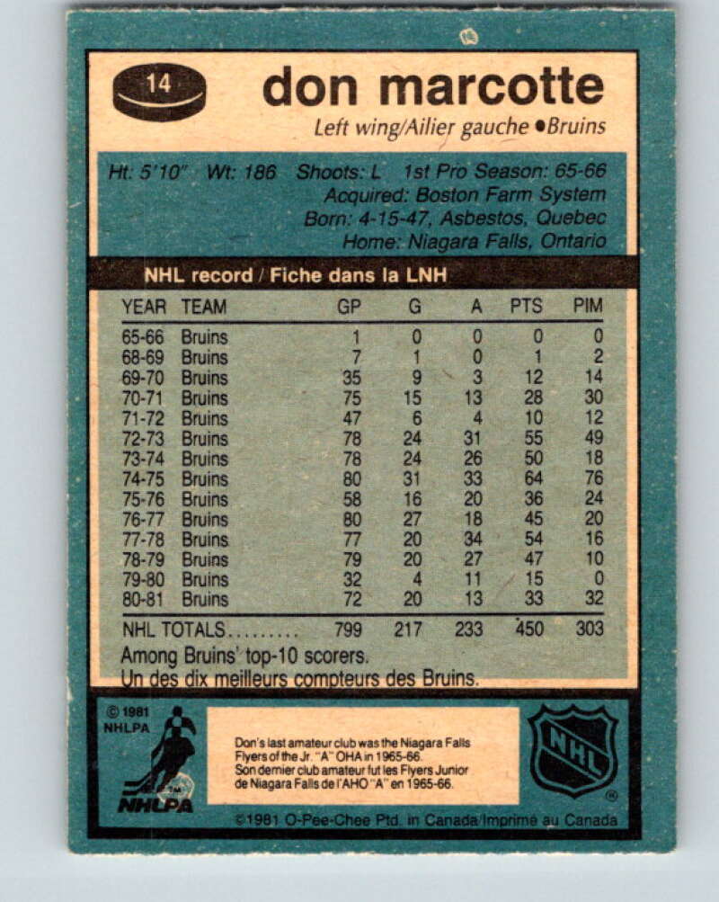 1981-82 O-Pee-Chee #14 Don Marcotte  Boston Bruins  V29475