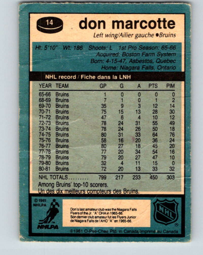 1981-82 O-Pee-Chee #14 Don Marcotte  Boston Bruins  V29477