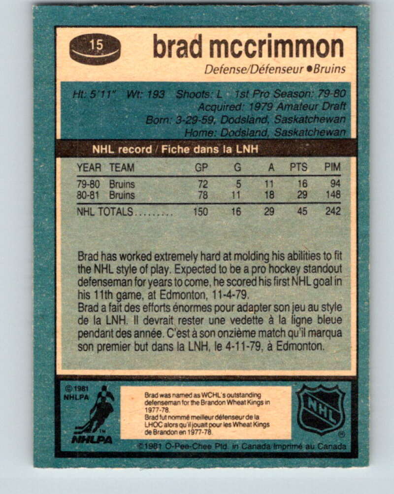 1981-82 O-Pee-Chee #15 Brad McCrimmon  Boston Bruins  V29480