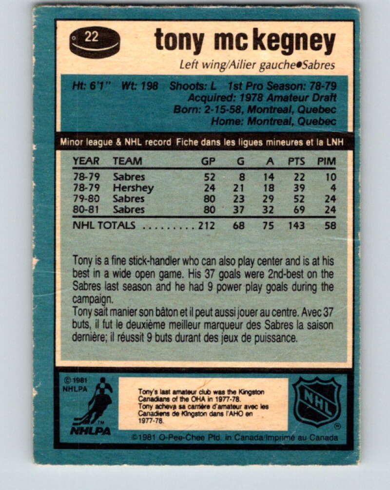 1981-82 O-Pee-Chee #22 Tony McKegney  Buffalo Sabres  V29528