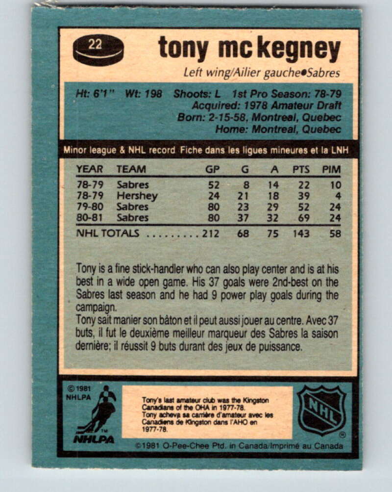 1981-82 O-Pee-Chee #22 Tony McKegney  Buffalo Sabres  V29530