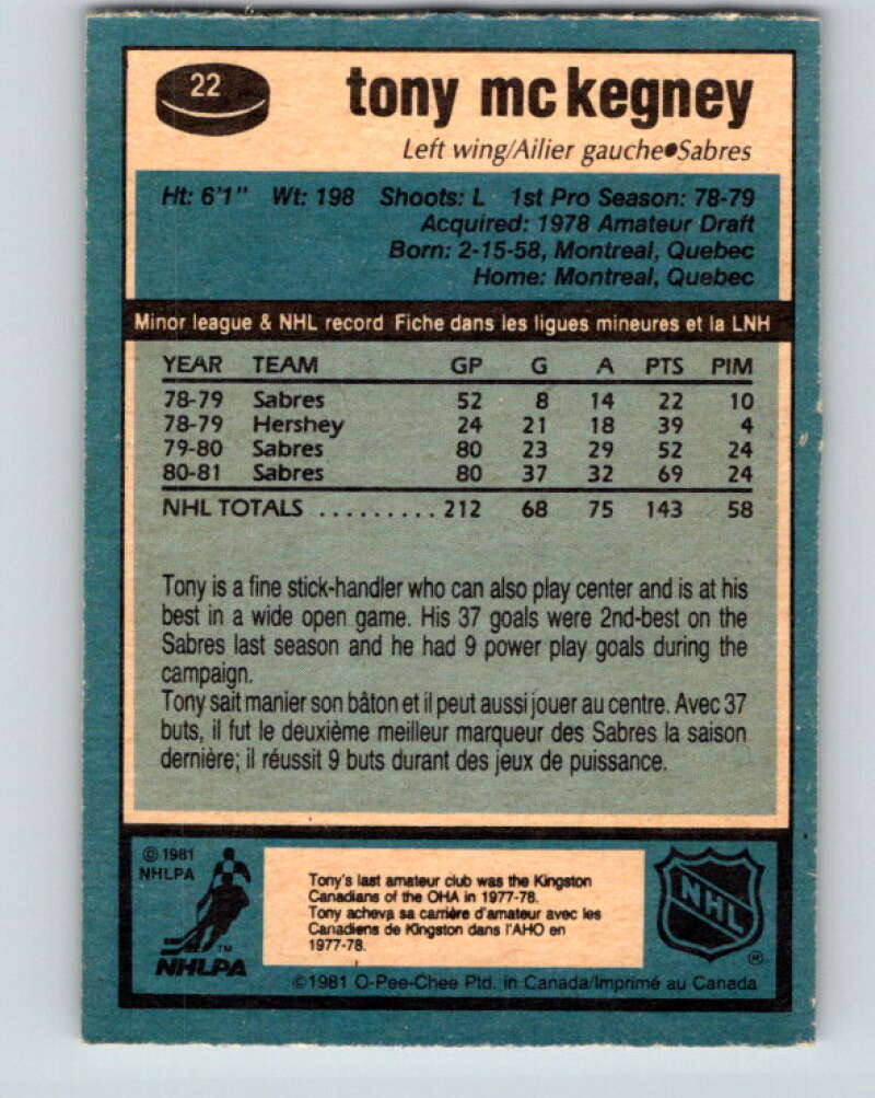 1981-82 O-Pee-Chee #22 Tony McKegney  Buffalo Sabres  V29533