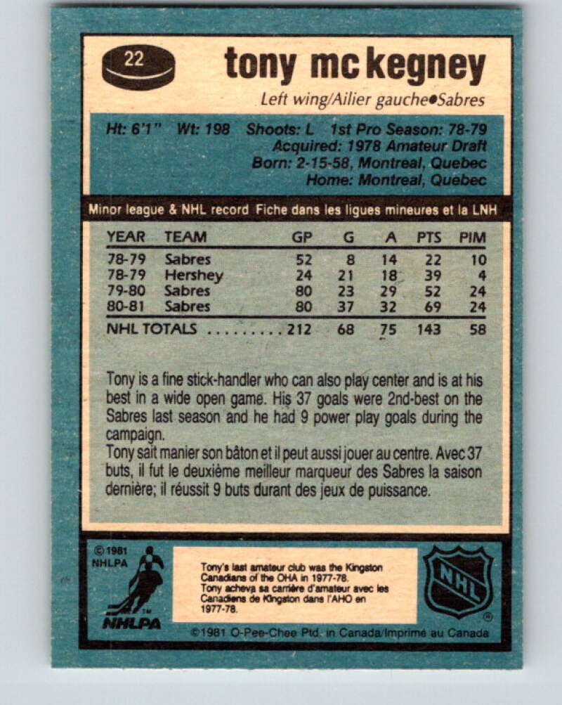 1981-82 O-Pee-Chee #22 Tony McKegney  Buffalo Sabres  V29537