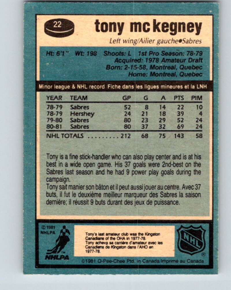 1981-82 O-Pee-Chee #22 Tony McKegney  Buffalo Sabres  V29539
