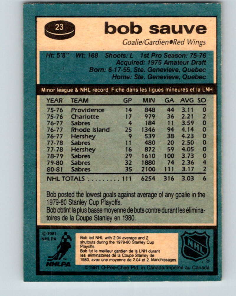 1981-82 O-Pee-Chee #23 Bob Sauve  Detroit Red Wings  V29540