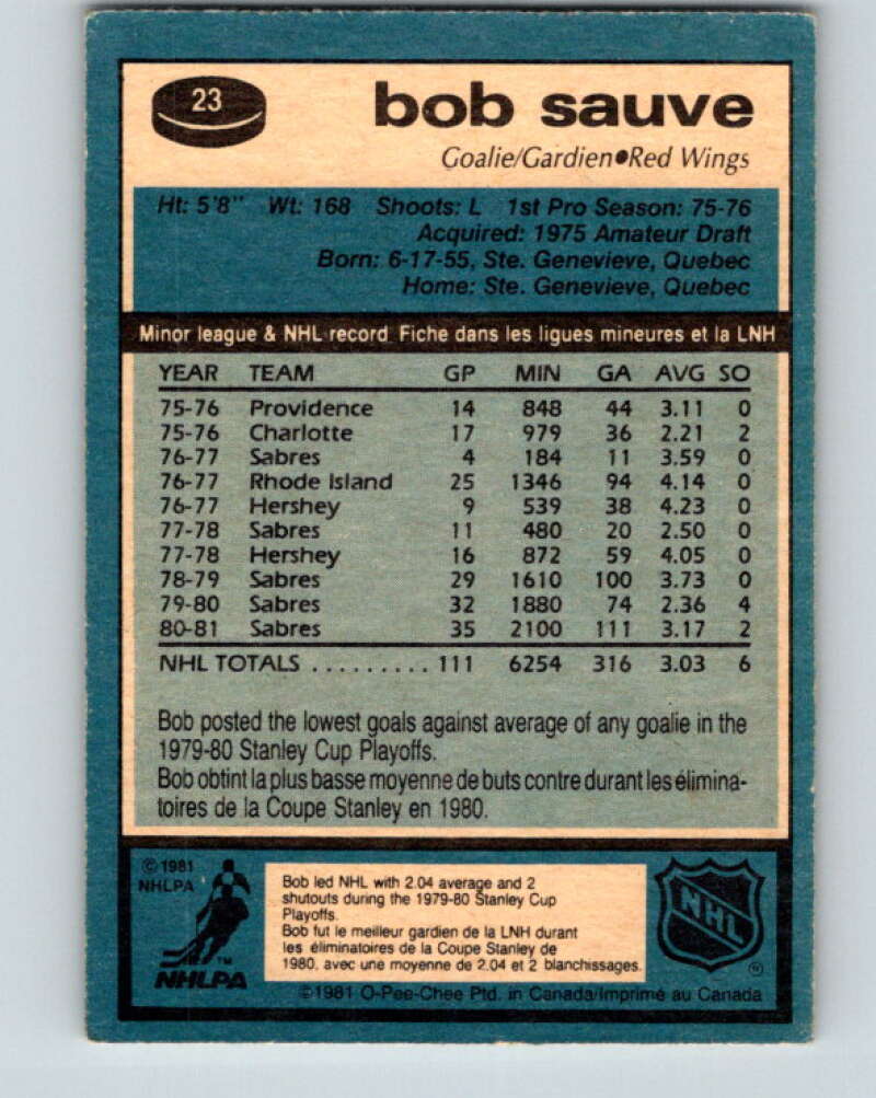 1981-82 O-Pee-Chee #23 Bob Sauve  Detroit Red Wings  V29542