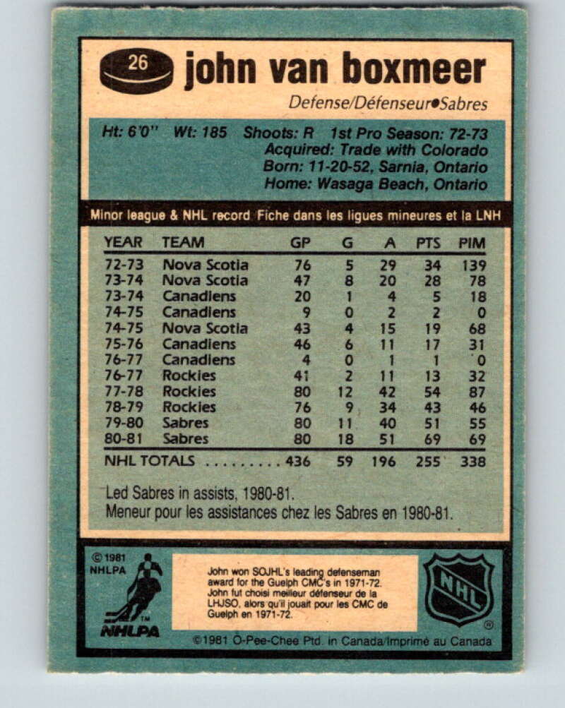 1981-82 O-Pee-Chee #26 John Van Boxmeer  Buffalo Sabres  V29558