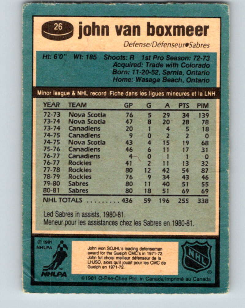 1981-82 O-Pee-Chee #26 John Van Boxmeer  Buffalo Sabres  V29561