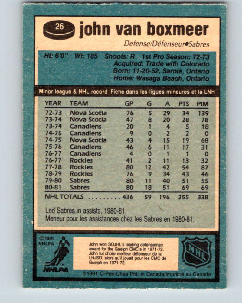 1981-82 O-Pee-Chee #26 John Van Boxmeer  Buffalo Sabres  V29562