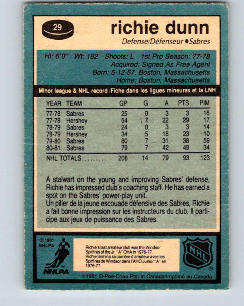 1981-82 O-Pee-Chee #29 Richie Dunn  Buffalo Sabres  V29578
