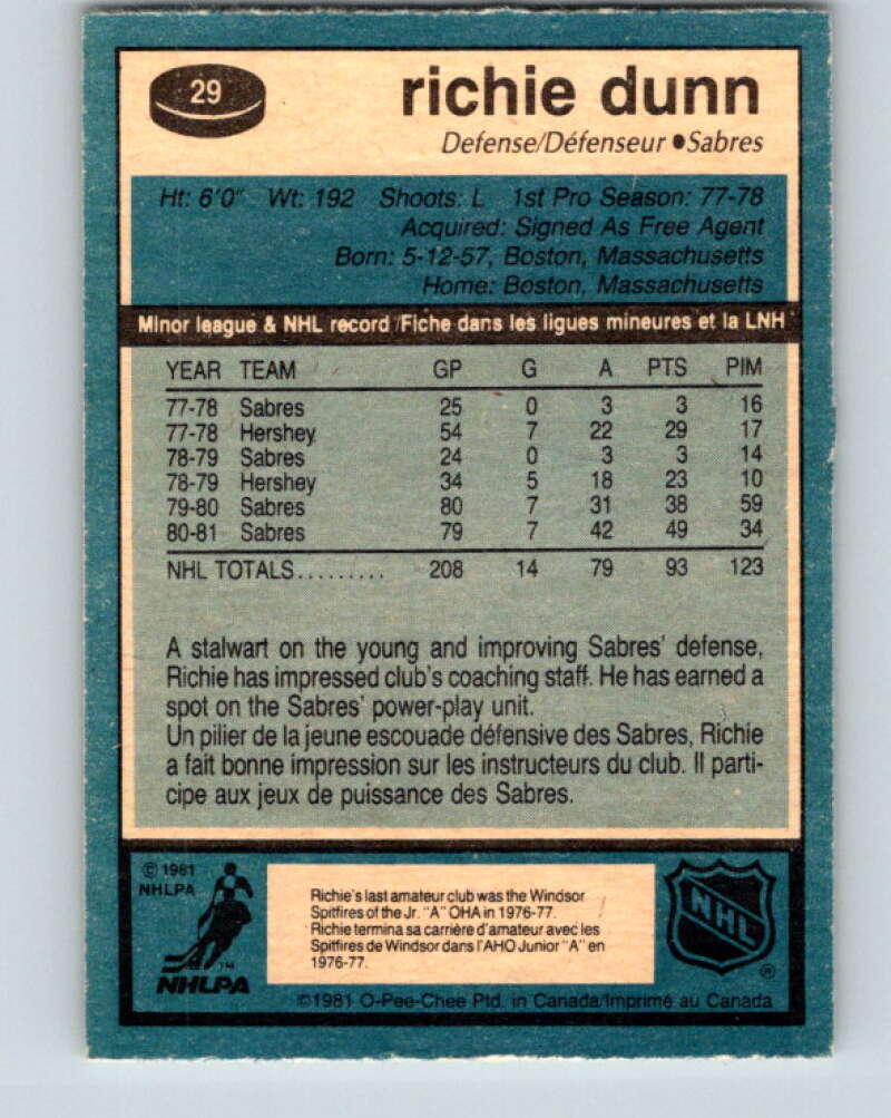 1981-82 O-Pee-Chee #29 Richie Dunn  Buffalo Sabres  V29582