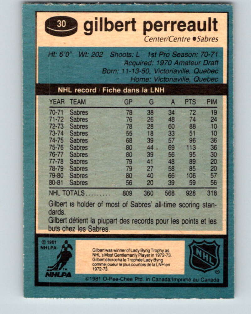 1981-82 O-Pee-Chee #30 Gilbert Perreault  Buffalo Sabres  V29586