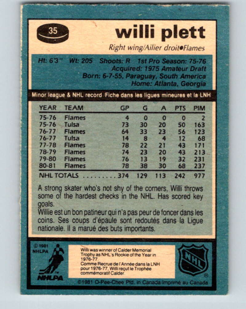 1981-82 O-Pee-Chee #35 Willi Plett  Calgary Flames  V29625