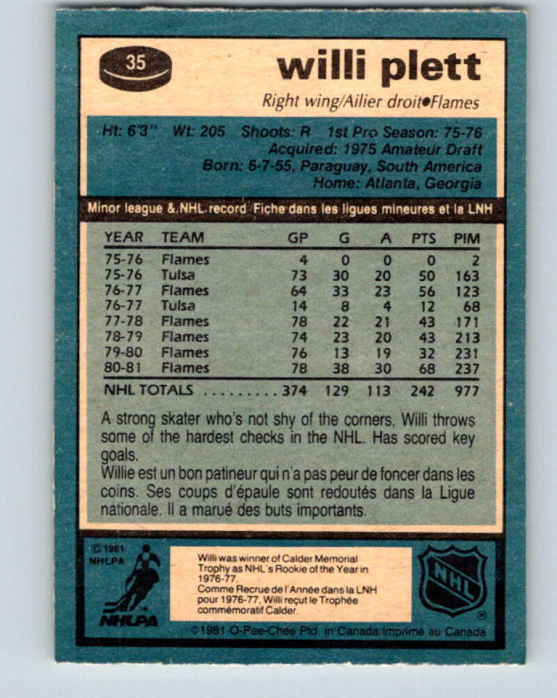 1981-82 O-Pee-Chee #35 Willi Plett  Calgary Flames  V29628