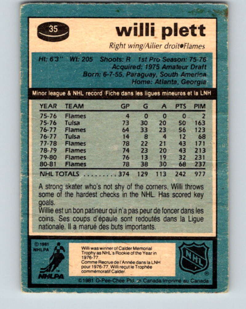 1981-82 O-Pee-Chee #35 Willi Plett  Calgary Flames  V29630