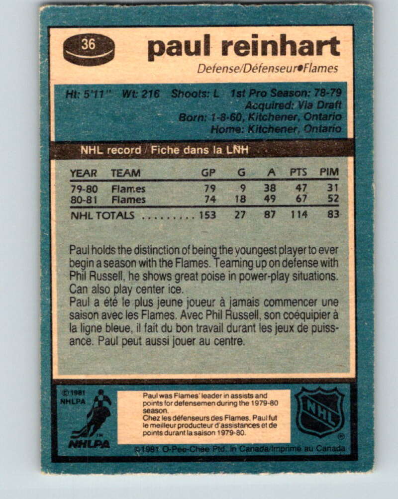 1981-82 O-Pee-Chee #36 Paul Reinhart  Calgary Flames  V29637