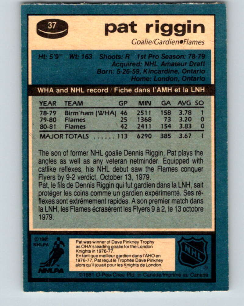 1981-82 O-Pee-Chee #37 Pat Riggin  RC Rookie Calgary Flames  V29640