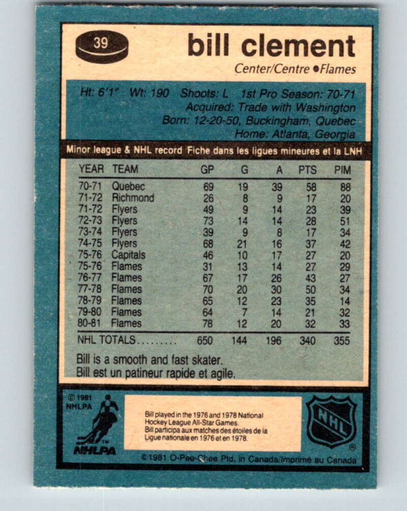 1981-82 O-Pee-Chee #39 Bill Clement  Calgary Flames  V29655