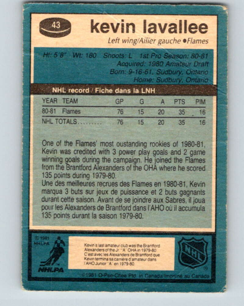 1981-82 O-Pee-Chee #43 Kevin LaVallee  RC Rookie Calgary Flames  V29691