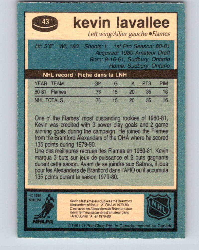 1981-82 O-Pee-Chee #43 Kevin LaVallee  RC Rookie Calgary Flames  V29693