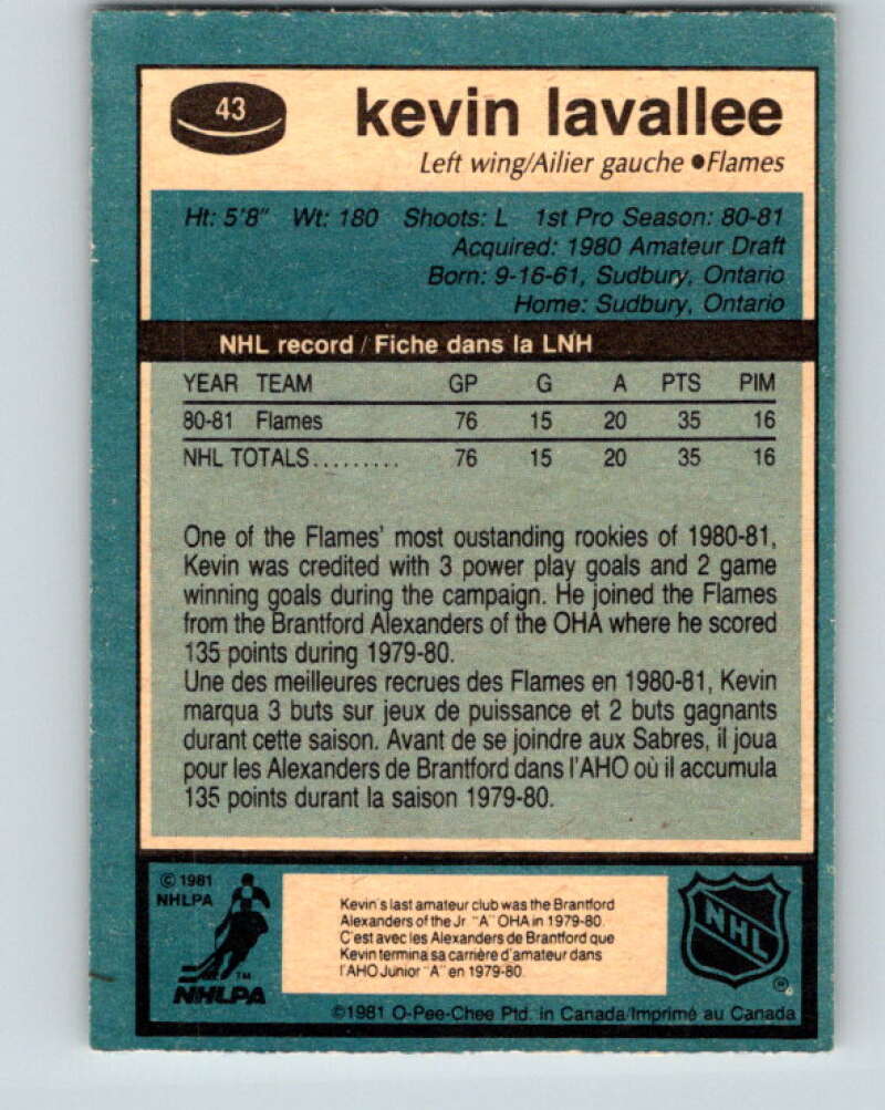 1981-82 O-Pee-Chee #43 Kevin LaVallee  RC Rookie Calgary Flames  V29697