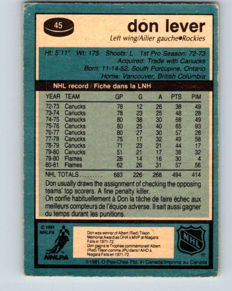 1981-82 O-Pee-Chee #45 Don Lever  Colorado Rockies  V29700