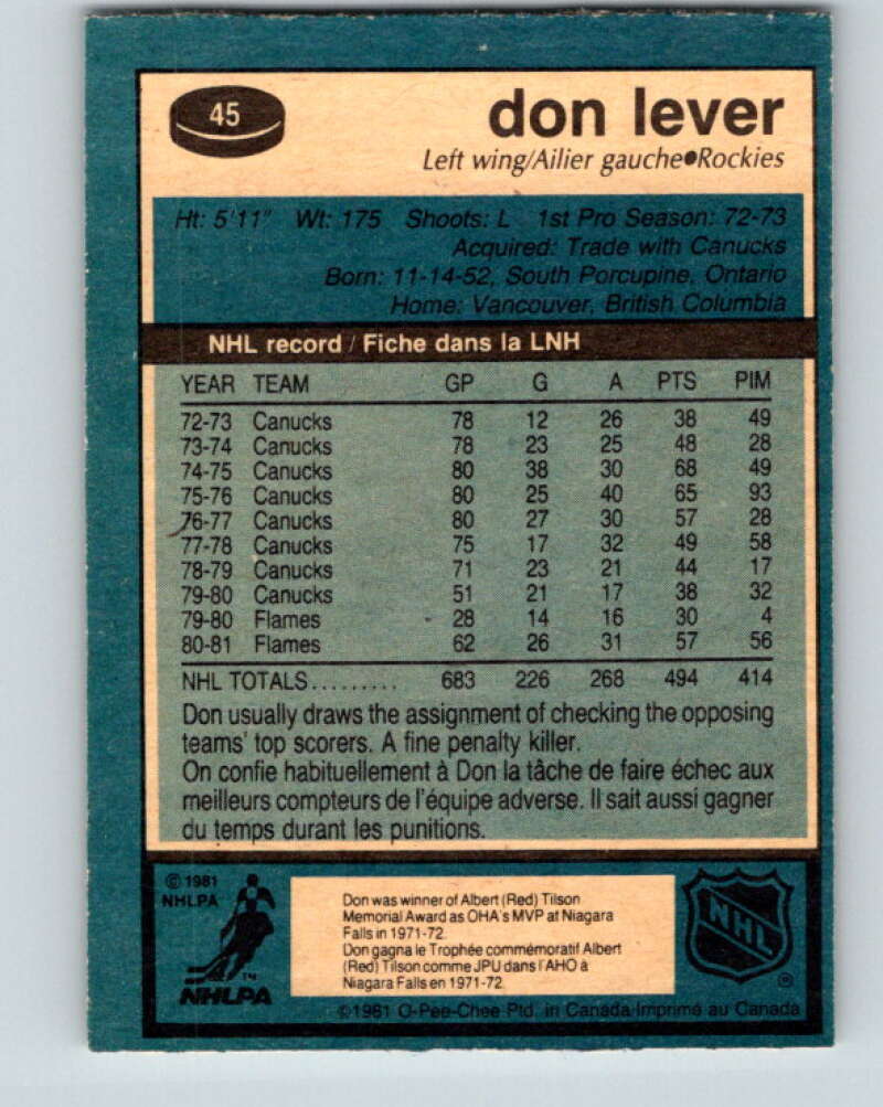 1981-82 O-Pee-Chee #45 Don Lever  Colorado Rockies  V29709
