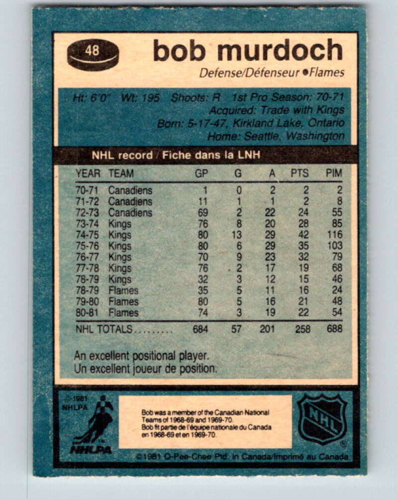 1981-82 O-Pee-Chee #48 Bob Murdoch  Calgary Flames  V29739